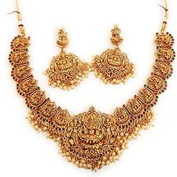 adyashree emporium Traditional Diamond and Gold Plated Latest Fashion Necklace Set Maharani Haar with Red, Green colour beads and Earrings. Latest Necklace set Jewellery Set for Women-picture-23