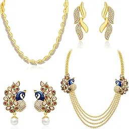 sukkhi Gleaming Pearl Gold Plated Wedding Jewellery Peacock Meenakari Long Haram Necklace Set Combo For Women (CB71484GLDPM1450)-picture-41