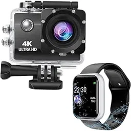 Drumstone Combo Pack of 2 Items- 4K Touch Screen Sports Action Camera,WiFi HD Cam, 16MP with Smart Bracelet Passometer Heart Rate Monitor Wristbands Outdoor Sports Fitness Band Smart Watch (Silver) image 1