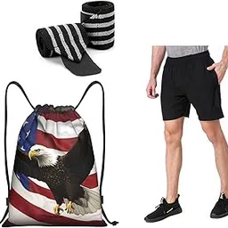 Men's Athletic Gym Set - Quick Dry Shorts with Drawstring, Striped Knee Wraps, American Flag Eagle Drawstring Bag, Black-image-15