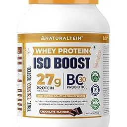 Naturaltein Whey Protein Iso Boost Chocolate Flavour. 27 Gram Protein Per Serving. Naturally Flavoured | No Added Sugar | Sweetend With Stevia | No Preservatives. 1 Kg. image 1