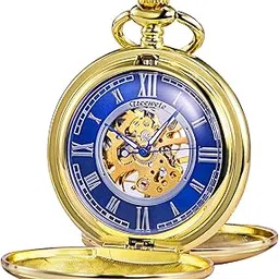 treeweto Pocket Watch - Smooth Double Case Series Skeleton Dial Delicate Mechanical Movement with Chain, Golden-picture-34