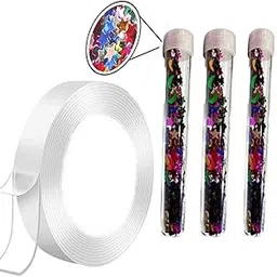 VOIISH Nano Tape Double Sided-3 Meter with 3 Glitter for Balloon Tape for Walls Washable Reusable Strong Sticky and Craft DIY (Pack of 1) image 1
