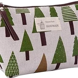 House of Quirk Canvas Cosmetic Bags Printed Makeup Bag Multi-Function Travel Organizer Pouch with Zipper for Women Girls Vacation Travel (White/Green Trees)..-picture-48