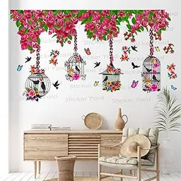 Sticker Yard PVC Vinyl Colorful Flowers Branch Leaves Cages Self-Adhesive Wall Sticker for Home Decor/Decoration - Living Room, Bedroom, Kids Room (Multicolor, Size: 106X60 cms)-picture-28