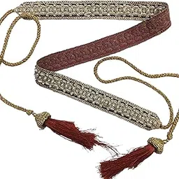 hemdev Women's Maroon Color Velvet Kamarband (Bridal Belt) with Golden Embroidery And Handmade Heavy Glue Stone Kundan(Adjustable) width 3.1cm /Waist Hip Belt/Lehnga Belts/saree belt-picture-42