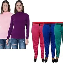 Women Winter Wear Combo Pack- Full Sleeves High Neck/Skivvy and Fleece Warm Lower/Track Pants Pack of 5-image-84