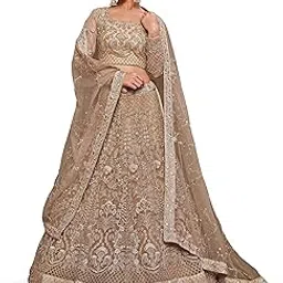 zeel clothing Women's Beige Net Semi-Stitched Bridal Lehenga Choli (7908-Beige-Wedding-Lehenga-Choli; Beige) (Free Size)-picture-15