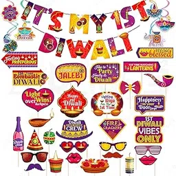 First Diwali Decorations | Diwali Decoration Items | It's My 1st Diwali Paper Banner, Photo Booth Props & Swirls Hanging | Happy Diwali Decorations (Pack Of 37)-picture-14