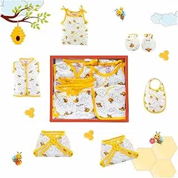 Bumsies New Born Baby Combo Cloth Gift Set - 1 Printed Cotton Sleeveless Vest,1 Slip,1 Bib, 2 Cloth Lace Nappy & 1 Pair Cotton Hand Mittens - Pack of 6 (Honey Print 0-3 Months)-image-75