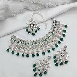 lucentarts jewellery Gold Plated Choker Necklace Jewellery Set for Women | CZ/AD Stones with Earrings & Maang Tikka | Adjustable Traditional Design No CHOKER888-picture-52