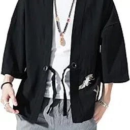 chroes Men's Kimono Jackets Cardigan Lightweight Casual Cotton Blends Linen Seven Sleeves Open Front Coat Outwear |C-Black |3XL-picture-26