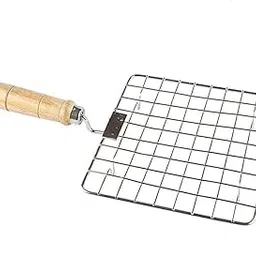 Jaz Stainless Steel Roster Roti Papad Chapati Toast brinjal Chicken paneer tandoor (baingan) Wooden Handle net Roaster (Square) 1pc-picture-30