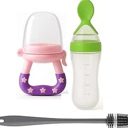 Baby Food Dispensing Spoon Feeder Bottle 90ml and Fruit Feeder/Nibbler/Pacifier with Cleaning Brush Pack of 3 (GRN-Pink)-picture-16