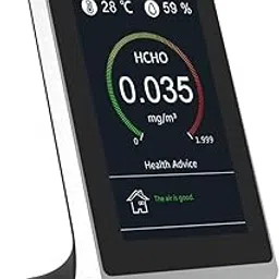 Air Quality Monitor with CO2, PM2.5, TVOC Sensors, Black and Silver Digital Display, Battery Powered Indoor Outdoor Detector with Temperature Humidity Tracking, LCD Screen with Stand-picture-21