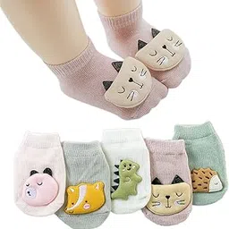 youstylo - you are priority Youstylo Anti Skid/Slip Crew Socks with Grips for 1-3 Years Kids Boys Girls 3D Cartoon Design (Pack of 5 Pair)-picture-56