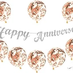 Silver Happy Anniversary Banner with Confetti Balloons Decoration Items for Men Women 8 Pcs Rose Gold Colour Metallic Balloons Reusable Happy Wedding Anniversary Banner Kit Set-picture-21