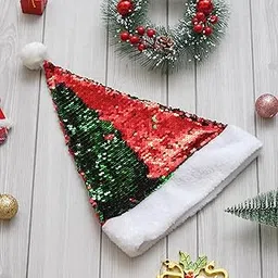 eCraftIndia Red Green Flip Sequin Fancy Merry Christmas Hat | Santa Claus Cap for Kids Babies Adults | Free Size XMAS Cap Santa Claus Hat | Christmas Decorations Items Ornaments-picture-47