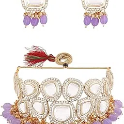 zaveri pearls Purple Beads Drop Kundan Bridal Choker Necklace & Earring Set For Women-ZPFK15841-picture-22