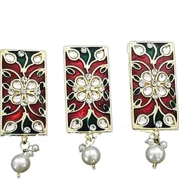 Women's Kundan Imitation Meena Work Double Kaaz Long Hangings Jewelry Kurti Buttons (EFN_199-24, Multicolour) -3 Pieces-image-4
