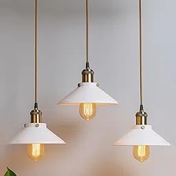 Homesake®3-Lights Linear White Cone Shade Cluster Chandelier Hanging Light, Decorative, Black, Kitchen Area and Dining Room Light, LED/Filament Light, Antique Gold-image-1
