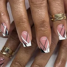 Secret Lives Glossy Reusable Artificial Square Shape Pink & Black Color with Tips Design Press on nails 24 Pieces Set with Kit-picture-25