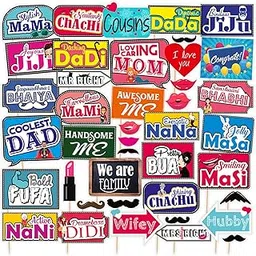SYGA All Occasion Indian Family Photo Booth Party Props Craft Item for Wedding, Baby Shower, Birthday Multi Color (Set of 41, Large)-picture-26