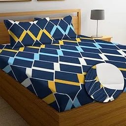 NEW LEAF Premium Cotton 220 TC Elastic Fitted Bedsheets with 2 Pillow Covers | Double/King Bed with All Around Elastic Wrinklefree Supersoft Breathable |Size-78 x72+10 inches | Blue White Zigzag-picture-45