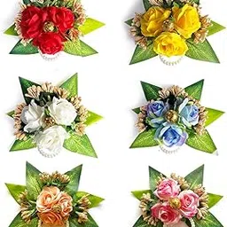 3 Rose Flower Brooch Hamper, for Decoration, Gifting, Trousseau Packing | Fake Rose Flower Bunch Hamper (6, Multi Color)-picture-61