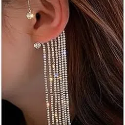 jumwrit Rhinestone Tassel Earrings Ear Cuff Wrap Crawler Earrings Long Dangle Chain Earrings Non Piercing Ear Cuffs for Women Girls-picture-11