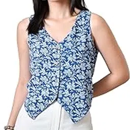 Blue Button-Down Waistcoat Jacket for Women | Sleeveless Cotton Vest for Effortless Style & Comfort, Perfect for Warm Climates-1-image-52