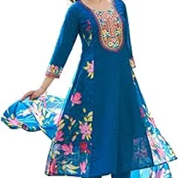 colors of earth Women's Embroidered Cotton Anarkali & Pant With Dupatta Set(COE_457)-picture-16