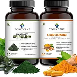 Skin Glow Stack | Spirulina & Curcumin Capsules | Boosts Immunity, Reduces Inflammation & Enhances Recovery | 60+60 Vegan Capsules-picture-52