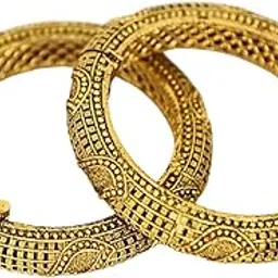 iksava Gold Plated Brass Bangles for Women & Girls | Traditional Antique Finish Bangle Pair with Secure Clasp | Ethnic Jewelry for Bridal and Festive-picture-23