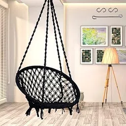 Round Cotton Hammock Swing for Adults & Kids/Jhula Swing for Balcony, Indoor, Outdoor, Garden/Capacity Upto 120Kgs/ Includes Free Hanging Accessories/Handmade Hammock Hanging Swing Chair-Black-image-92