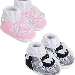 neska moda 6 To 12 Months Baby Girls Set of 2 Pair Butterfly Baby Booties/Shoes (Baby Pink,Black)-SK179andSK176-picture-42