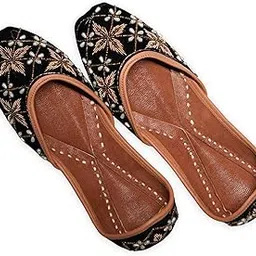Women's Embroidered Ballet Flats Punjabi Jutti, Black with Gold Floral Pattern, Leather Sole-picture-36