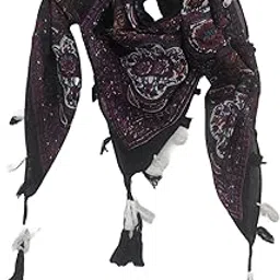 pracwal Cotton Printed Scarf, Black with Purple Pattern, Tassels Design, Casual Style, Plain Hijab, Unisex Adult 100x100 cms image 1
