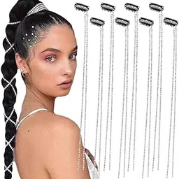 6 PCS Pieces Long Rhinestone Hair Chains,Punk Tassel Hair Clips Hair Extension 20 Inch Head Chain Silver Hair Clip Hairpin for Women and Girls Nightclub Party Daily Headwear-image-68