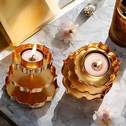 Decorative Metal Candle Holders, Metal Diya, Traditional Tea Light Holder,Lotus urli,Lotus tealight Holder,Gold Finish, Set of 1-image-6