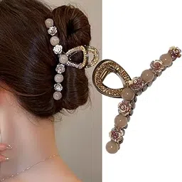 S.A.V.I Elegant Beige Rose Rhinestone Hair Clutch Clip for Women | Stylish Floral Design | Lightweight & Durable Hair Styling Accessory | Hair Accessories for Girls-picture-57