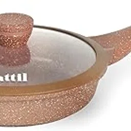 ATTIL - 28 cm Non-Stick Fry Pan with Glass Lid and Silicone Spatula - Induction Base - Granite Cookware Frying Pan - 2.5 LTR - Granite Brown-image-0