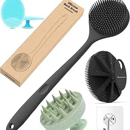 Soft Silicone Back Scrubber Long Handle Bath Brush + Body Scrubber Bath Brush + Scalp Massager for Hair + Face Scrubber Brush, Combination Combo, Super-Exfoliating & Lathering Body Scrubber, Shower Brush | BPA-Free | for Men and Women (With A Free Hook 3-pic)-picture-13