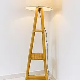 Modern Floor Lamp with Storage Shelves, Wooden A-Frame Design, Beige Fabric Shade, Yellow-picture-23
