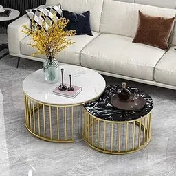 PREDELLA Round Coffee Tables,2 Round Nesting Table Set Coffee Table with Open Shelf |Night Stand| Bedside Table | Sofa Side Table |Coffee Table |Centre Table| Bar Table- Gold-White-Black-image-45