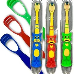 BigBro Kids Manual Toothbrush Extra Soft Bristles With Toothbrush Case Cover Cartoon Shape Age 2+ Super Saver Pack Of 3 Plus 3 Kids Tongue Cleaners,Multicolor-picture-25