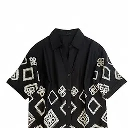 amoria Embroidered Button-Down Shirt for Women | Vintage Geometric Square Pattern | Short Sleeve Casual Top | Soft Cotton Shirt-picture-37