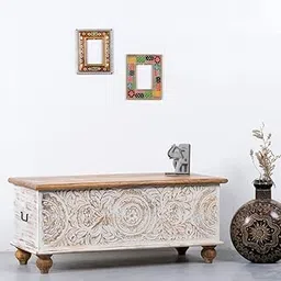 FURNWEAVE Natura Solid Wooden Trunk Cum Coffee Table | Coffee Table with Sandook Storage for Living Room | Centre Table for Sofa | Pitara for Home | Ideal for Bedroom Decor| White Distress & Natural-image-11