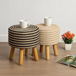 Jute Combo Ottoman | Handwoven Pouffe Stool Set for Home Decor | Durable & Stylish Footrest for Living Room & Balcony | 16x16x17 Inch, Black Chkri-White Chkri-picture-29