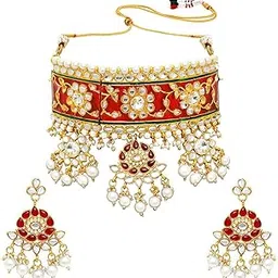 18K Gold Plated Rani Padmavati Dulhan Bridal Wedding Necklace Jewellery Set for Women (Red)-image-13